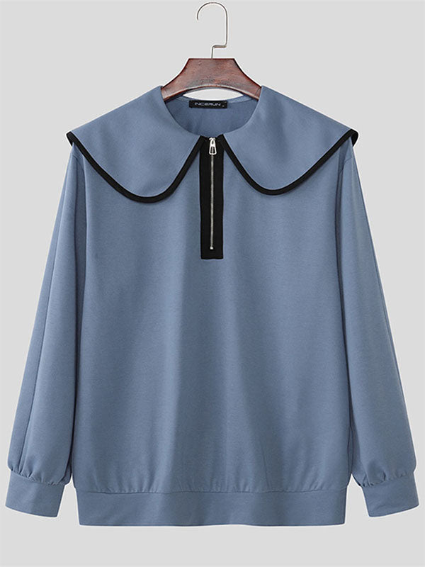 Men's Contrast Trim Half Zipper Oversized Collar Sweatshirt SKUL48665