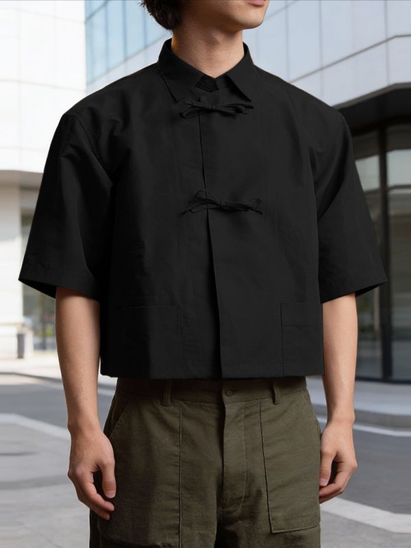 Men's Solid Color Bow Button Short Sleeve Shirt SKUL56279