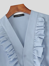 Men's Solid Color Ruffle Patchwork Long Sleeve Shirt SKUL42709