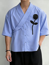 Men's 3D Black Rose Patch Pinstriped Overlap Shirt SKUL63258