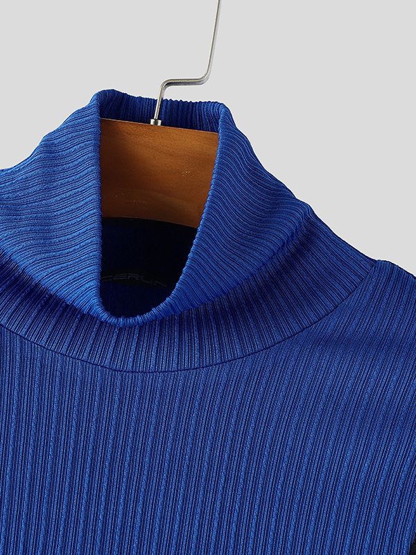 Men's Sheer Mesh Patchwork Knitted Textured High Neck Long Sleeve T-shirt SKUL43940