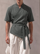 Men's Resort Wear Textured Kimono Wrap Short Sleeve Shirt SKUL78265