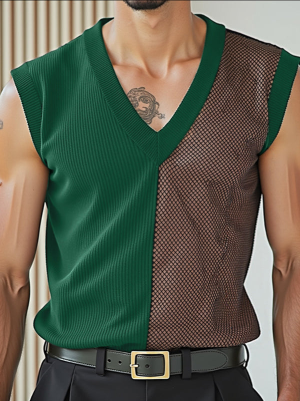 Mens Sheer Mesh Patchwork Contrast V-Neck Tank SKUL16759