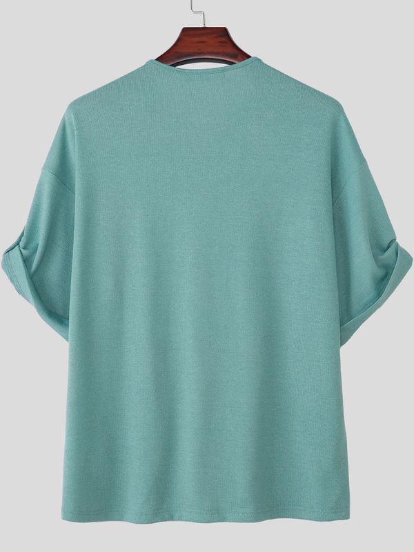 Men's Vintage Japanese Style Knit Textured Relaxed Fit Drop Shoulder Short Sleeve Shirt SKUL72617