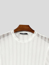 Men's Avant-Garde Translucent Vertical Stripe Glitter Mesh Fitted Short Sleeve T-shirt SKUL72711
