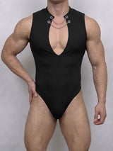 Men's Sexy Avant-Garde Nightclub Party Metal Chain Plunging Cutout Ribbed Bodysuit SKUL84567