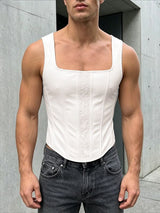Men's Avant-Garde Lace Panel Square Neck Slim Fit Cropped Corset Tank SKUL65421