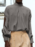 Mens Solid Pleats Stand Collar Long Sleeve Shirt SKUK50839