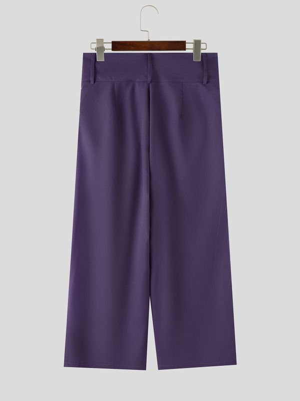 Men's Panel Patchwork Frog Button Wide Leg High Waist Pant SKUL59497