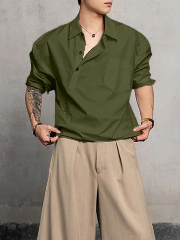 Men's Slant Placket Loose Long Sleeve Shirt SKUL32995