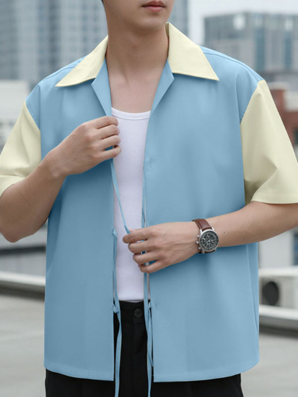 Men's Color Block Drawstring Patchwork Short Sleeve Shirt SKUL39357
