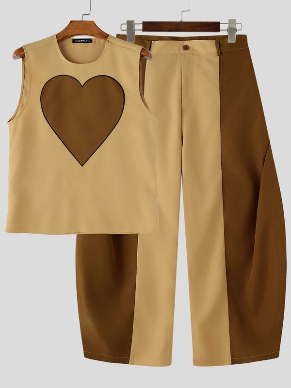 Men's Avant-Garde Colorblock Heart Graphic Two Pieces Outfit SKUL64292