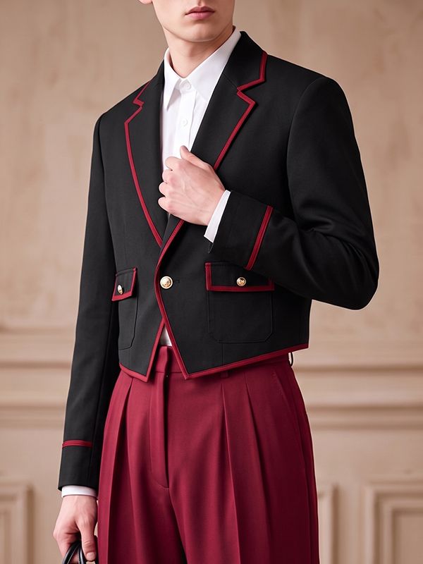 Men's Royal Vintage Evening Gala Contrast Piping Gold Button Cropped Blazer SKUL85520