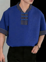 Men's Vintage Casual Frog Button Striped V-Neck Short Sleeve Shirt SKUL60236