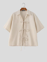 Men's Solid Color Textured Tie Short Sleeve Shirt SKUL62085