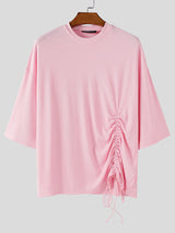 Mens Solid Color Textured Drawstring Short Sleeve T-Shirt SKUL16850