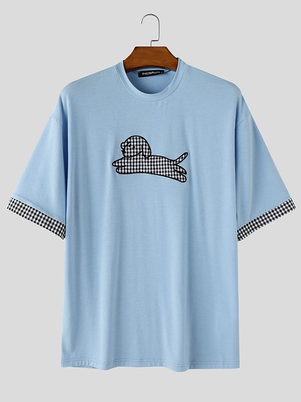 Men's Vintage Cityboy Gingham Plaid Puppy Graphic Short Sleeve T-shirt SKUL68463