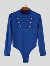 Men's Sexy Retro Stage Performance Military Pleated Double Breasted Button High Cut Long Sleeve Mock Neck Bodysuit SKUL83125