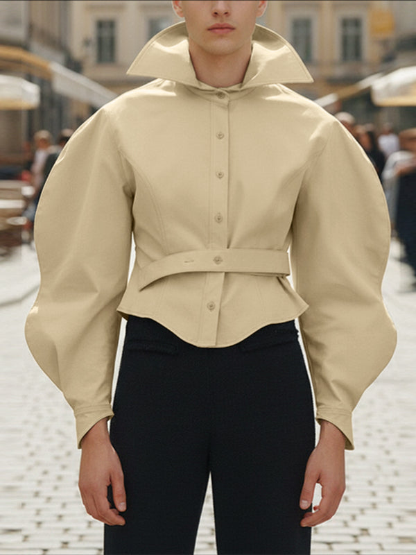 Men's Solid Color Cinched Waist Large Collar Wide Sleeve Shirt SKUL42663