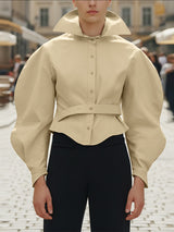 Men's Solid Color Cinched Waist Large Collar Wide Sleeve Shirt SKUL42663