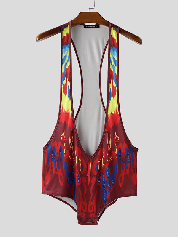 Men's Flame Print Hollow Out Bodysuit SKUL22219