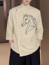 Men's Horse Zodiac Print Asymmetric Placket Shirt SKUL50569