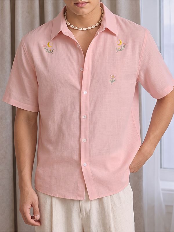 Men's Casual Minimalist Print Moon and Floral Short Sleeve Shirt SKUL74814