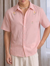 Men's Casual Minimalist Print Moon and Floral Short Sleeve Shirt SKUL74814