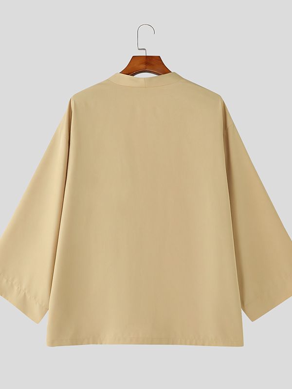 Men's Solid Color Deep V-Neck 3/4 Length Sleeve Shirt SKUL51929