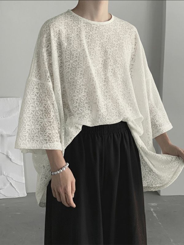 Men's Jacquard Knit Crew Neck 3/4 Length Sleeve T-Shirt SKUL39697