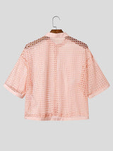 Men's Vintage Modern Chinese Mandarin Collar All-Over Eyelet Lace Cropped Short Sleeve Shirt SKUL71416