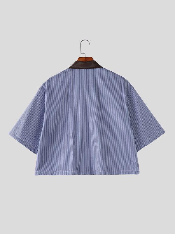 Men's Striped Utility Cropped Short Sleeve Shirt SKUL58669