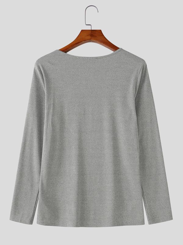 Men's Provocative Avant-Garde Asymmetrical Cut-Out Ribbed Knit Long-Sleeve T-shirt SKUL77301