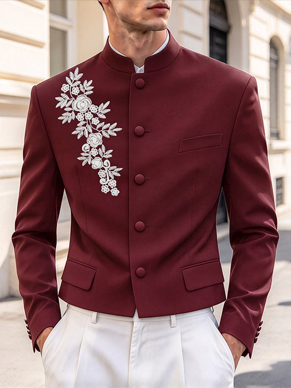[Pre-order] Men's Neo-Chinese Chic Evening Gala Floral Embroidery Mandarin Collar Cropped Blazer SKUL88545