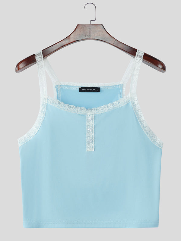 Mens Lace Color-Block Patchwork Cropped Tank SKUL17980