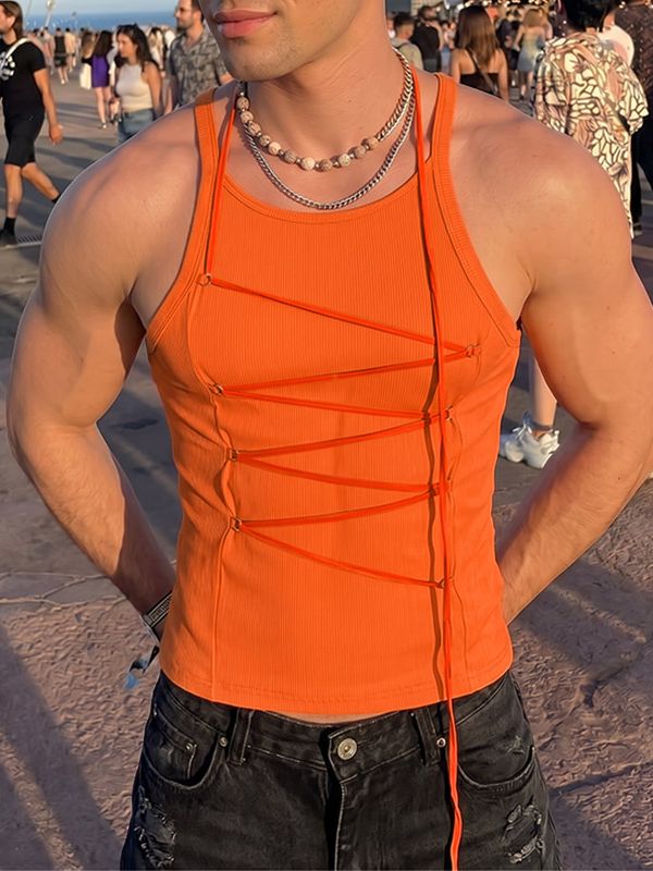 Men's Avant Garde Festival Lace Up Ribbed Scoop Neck Slim Fit Tank SKUL71421