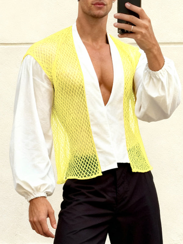 Men's Sheer Mesh Contrast Color Long Sleeve Shirt SKUL46095