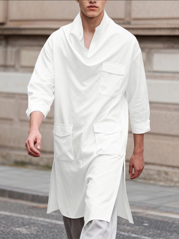 Men's 3D Pocket Draped Neck 3/4 Length Sleeve Shirt SKUL53234