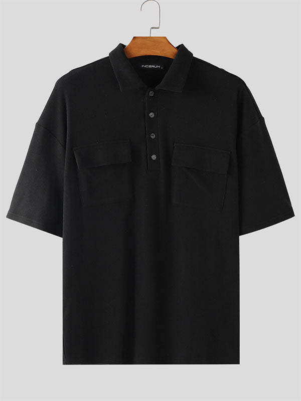 Men's Solid Color Knit Double Pocket Short Sleeve Shirt SKUL21109