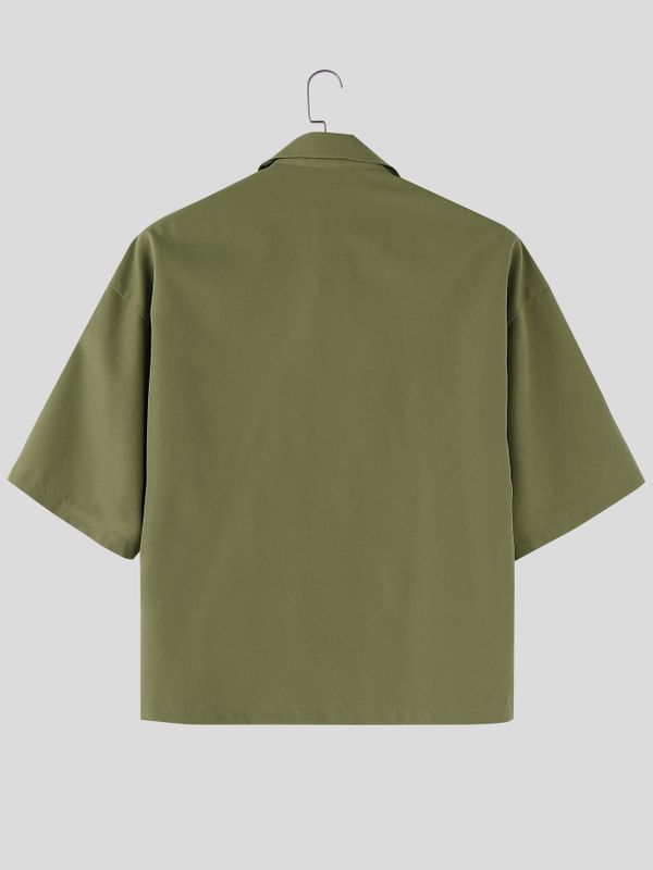 Men's Asymmetric Color Block Frog Button Loose Short Sleeve Shirt SKUL57095