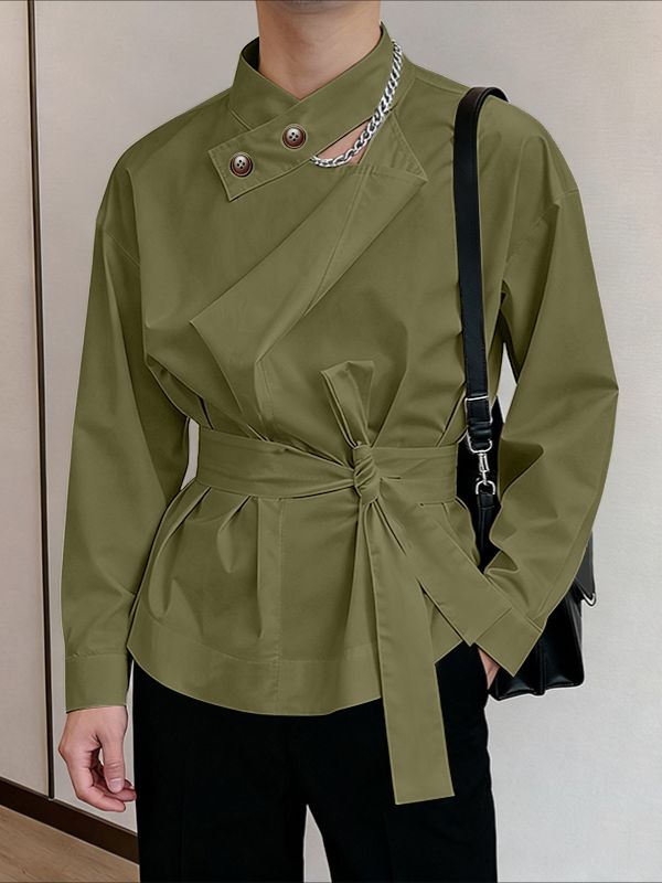 Men's Solid Color Lace Up Long Sleeve Shirt SKUL46165