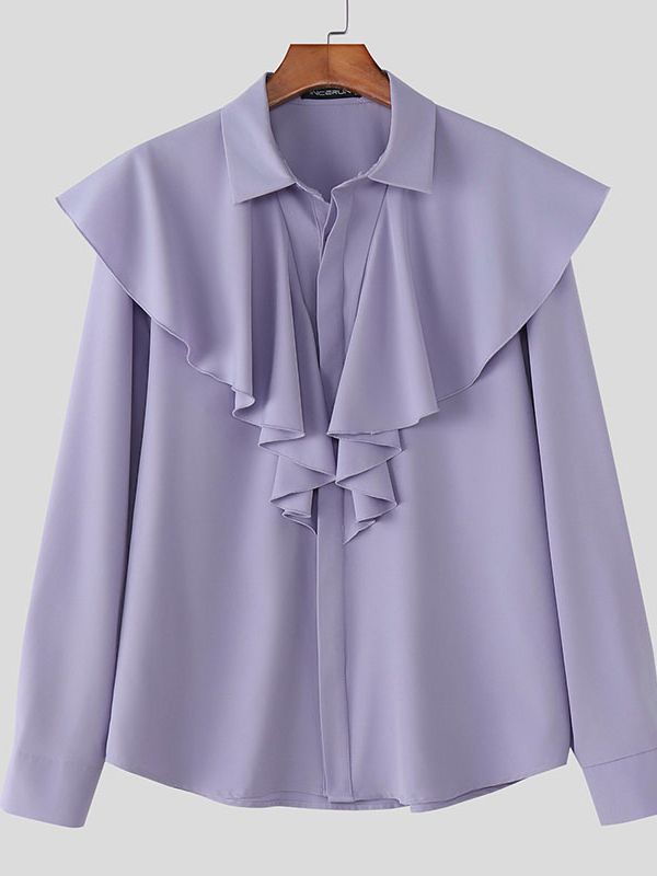 Men's Solid Color Ruffle Patchwork Long Sleeve Shirt SKUL43639