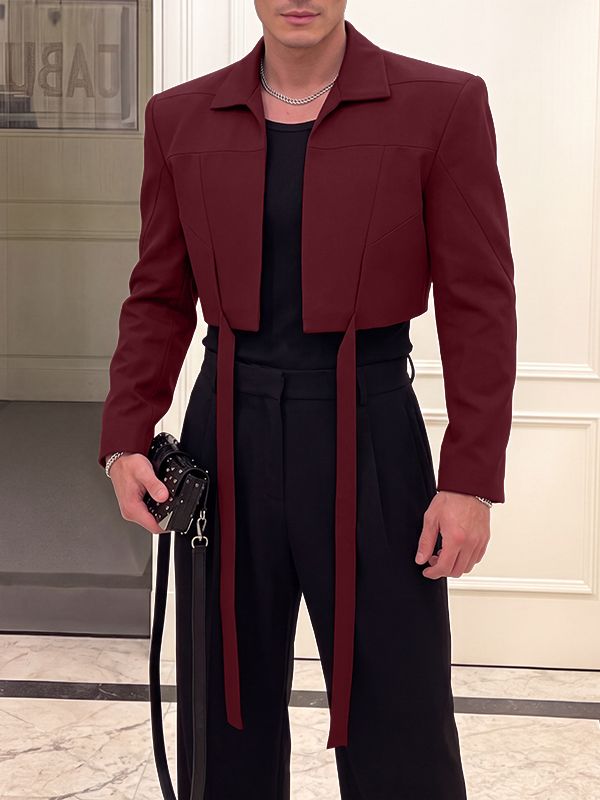 Men's Avant-Garde Runway Ultra Cropped Hanging Streamer Long Sleeve Lapel Collar Crop Jacket SKUL83120