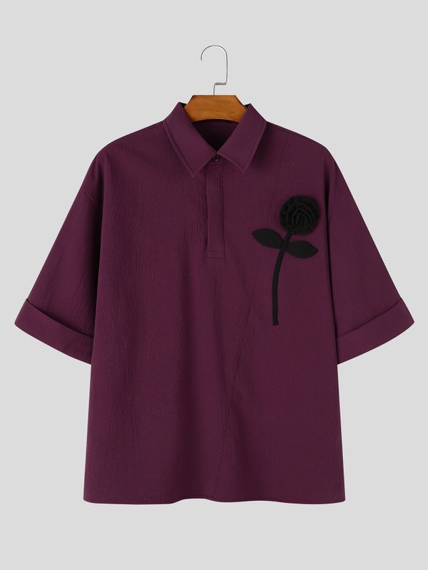 Men's Smart Chic Art Exhibition 3D Rose Flower Crinkle Textured Lapel Polo Shirt SKUL85957