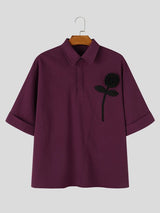 Men's Smart Chic Art Exhibition 3D Rose Flower Crinkle Textured Lapel Polo Shirt SKUL85957