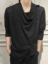 Men's Avant-Garde Asymmetrical Draped Cowl Neck Semi-Sheer T-shirt SKUL77324