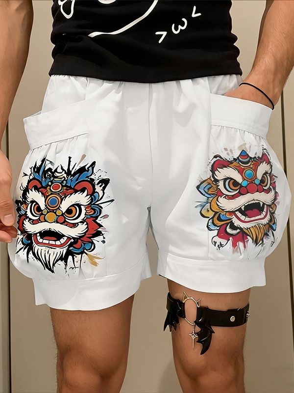 Men's Vintage Modern Chinese Lion Dance Graphic 3D Pocket Loose Cargo Short SKUL63709