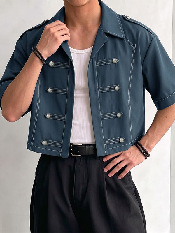 Men's Vintage Military Style Contrast Stitching Frogged Button Cropped Short Sleeve Shirt SKUL77316
