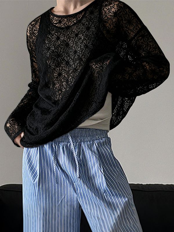 Men's Lace Hollow Knit Long Sleeve T-Shirt SKUL37528