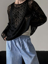 Men's Lace Hollow Knit Long Sleeve T-Shirt SKUL37528